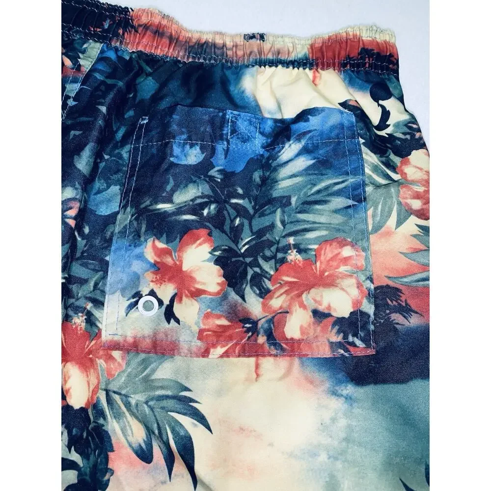 Merona Mens L Blue Orange Beach Aloha Floral Board Shorts Swim Trunks Drawstring